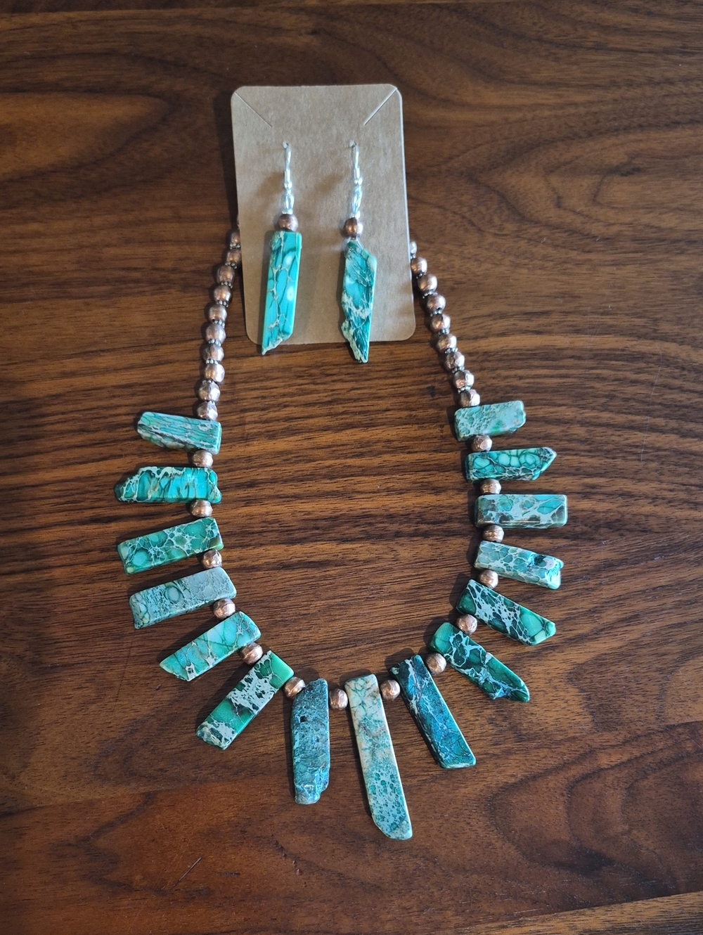 GREEN JASPER/Copper BEAD Statement Necklace and Earrings Set - Green/ Blue